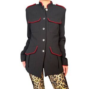 Zara Trafaluc Black Military Jacket Red Trim Button Front Pockets Shoulder‎ XS